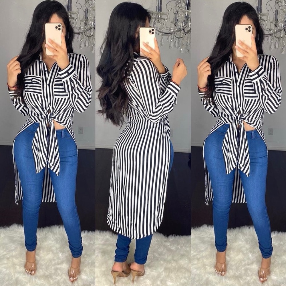 Tinas Fashion Striped Long Sleeve Button Up Blouse